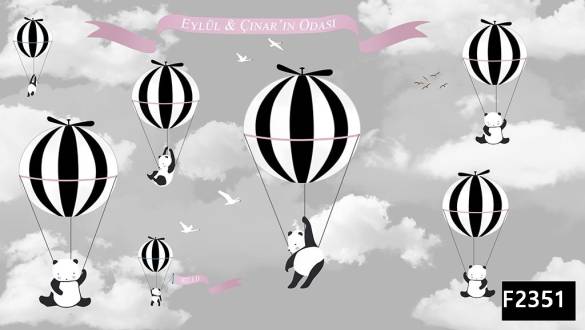 Uçan balonlu pandalar bulutlar çocuk odası duvar kağıdı f2351 - 0