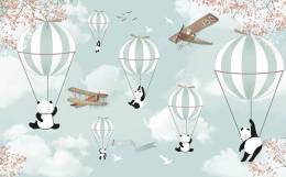 Uçan Balonlu Pandalı Uçaklı çocuk odası duvar kağıdı