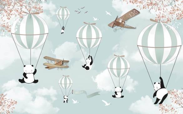 Uçan Balonlu Pandalı Uçaklı çocuk odası duvar kağıdı - 0
