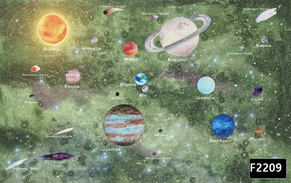Yeşil uzay renkli gezegenler çocuk odası duvar kağıdı f2209 - 0